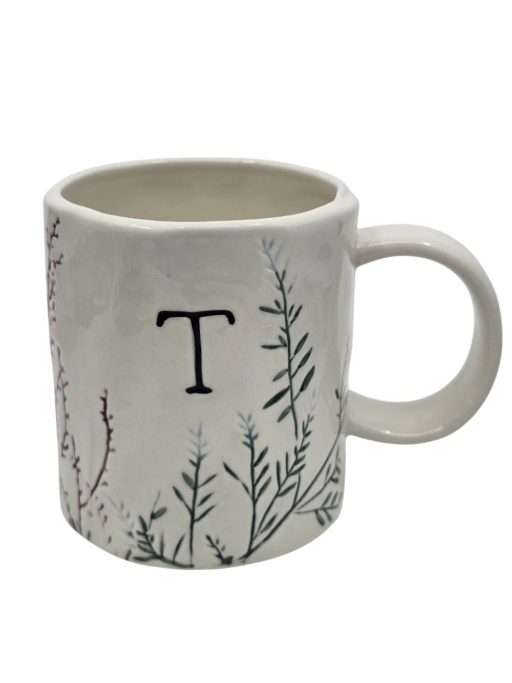 Anthropologie Dagny Monogram "T" Mug Hand-Painted Wildflower Ceramic Coffee Cup